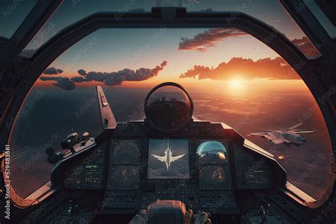 Jet fighter cockpit at sunset. Military aviation. Created with ...