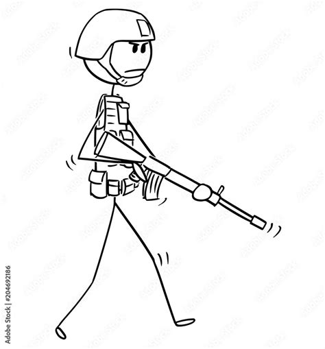 Cartoon stick man drawing conceptual illustration of modern soldier ...