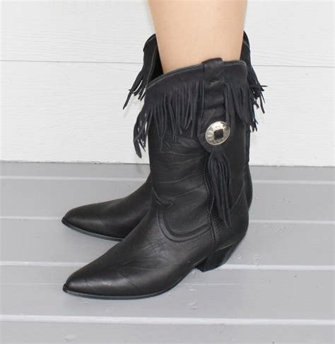 ACME Black Leather Fringe COWGIRL Boots Vintage Size 7 1/2