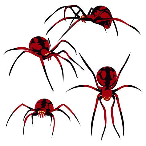 A set of spiders in different angles. Silhouette of a black and red ...