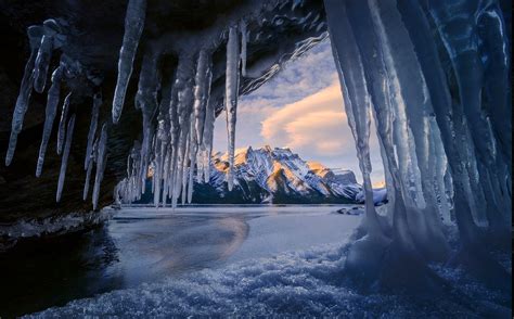 cave, Ice, Mountain, Winter, Sunrise, Snowy Peak, Lake, Banff National ...