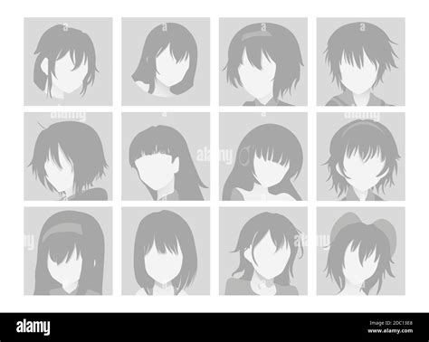 Vector Big Set of Anime Faces with Hair. Flat Gray Icons of Girls for ...