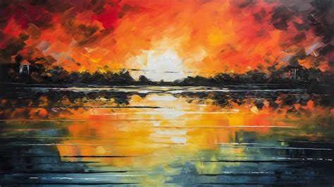 Premium AI Image | A painting of a sunset over a lake