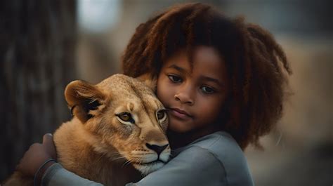 Premium Photo | A child hugging a lion