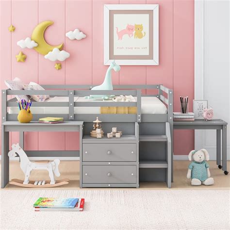 Multiple Functions Low Loft Bed with Rolling Portable Desk, Wood Kids ...