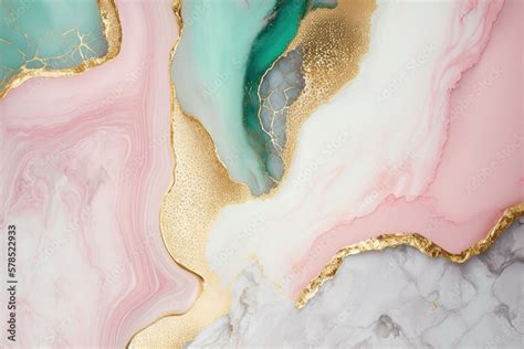 Pink, green and gold marble background. Liquid marble texture. Pastel ...