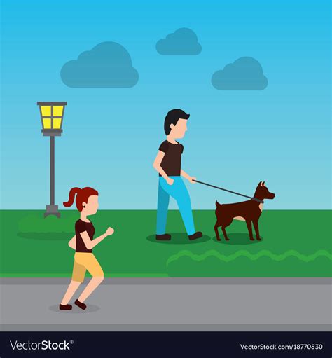 Cartoon Man Walking With Their Dog In The Park Vector Image