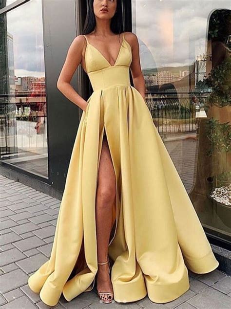 Yellow V neck Satin Long Prom Dress With Leg Slit,, Yellow Formal Even ...