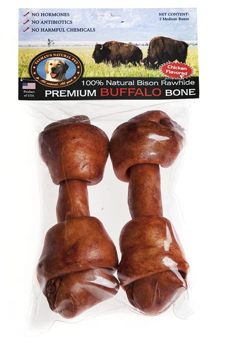 2 Medium Chicken Flavored Buffalo Rawhide Bones from Tasman's Natural ...