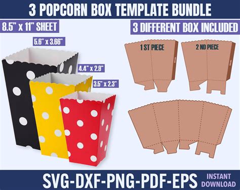 Popcorn Box Template Bundle Popcorn Box Template Svg Popcorn Etsy