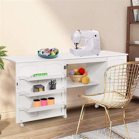 Giantex Folding Sewing Craft Table, 3 Storage Bins, Side Cabinet ...