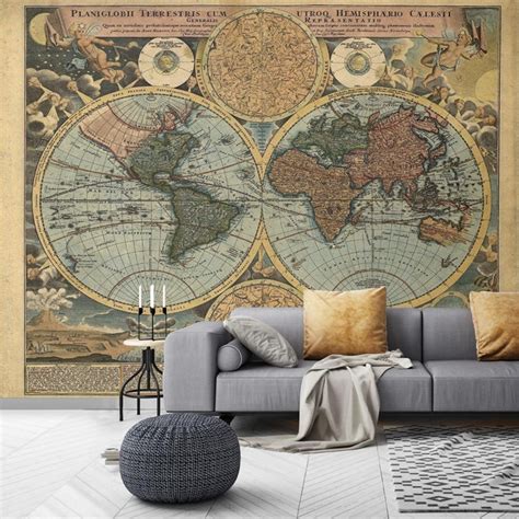 Light Vintage Map Collage Wallpaper Mural World Map Wallpaper Map ...