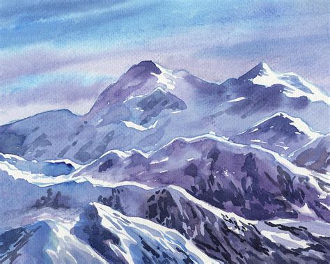 Snowy Mountains Landscape In Blue And Purple Watercolor Painting by ...