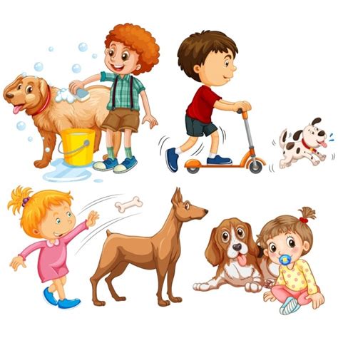 Niños jugando con sus perros | Vector Premium