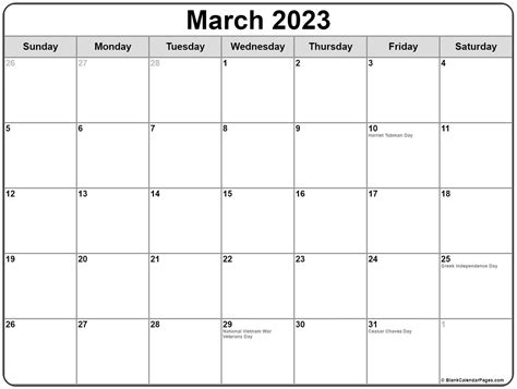 March 2023 with holidays calendar