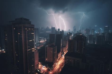 Premium AI Image | A lightning storm in the city of manila