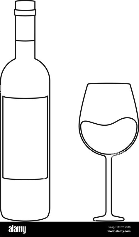 Simple wine bottle and wine glass for wine tasting concept in outline ...