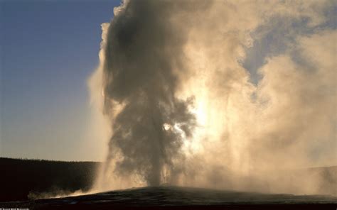 Old Faithful Geyser at Sunset, Yellowstone, Wyom