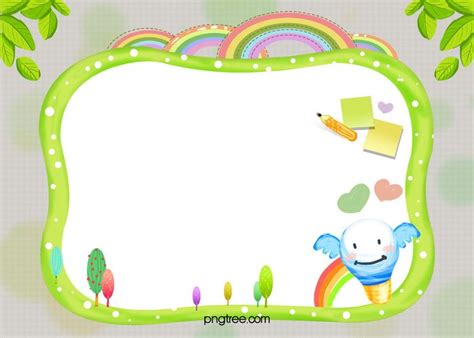 a green frame with an elephant, rainbows and clouds on the bottom right ...