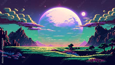 beautiful view of the blue moon landscape, pixel art style. generative ...