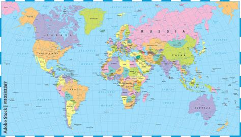 Photo & Art Print Colored World Map - borders, countries and cities ...