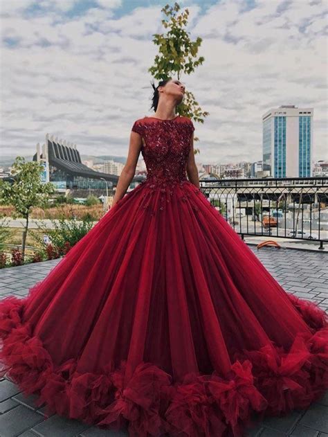 Ball Gown Prom Dresses Scoop Long Beading Chic Luxury Big Burgundy Pro ...