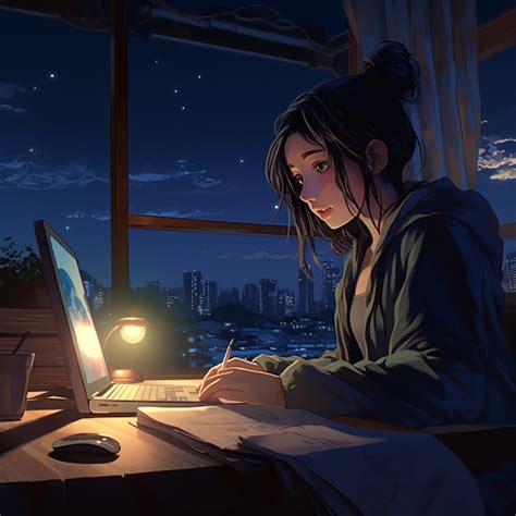 Premium Photo | Anime girl sitting at a desk with a laptop and a lamp ...