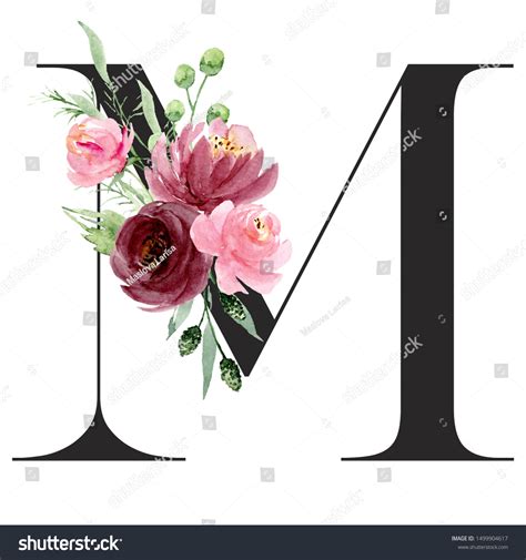 Floral Alphabet Letter M Watercolor Flowers Stock Illustration ...