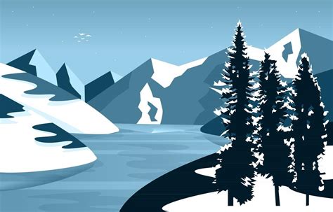 Frozen Lake Winter Ice Mountain Pine Nature Landscape Illustration ...