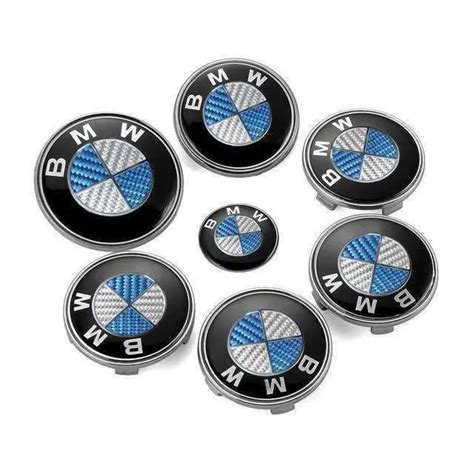 7pcs Blue&White High Carbon BMW Emblems Set: Steering+Hubcaps+Trunk+Hood