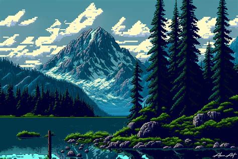 Mountain Lake Landscape Pixel Art Graphic by Alone Art · Creative Fabrica