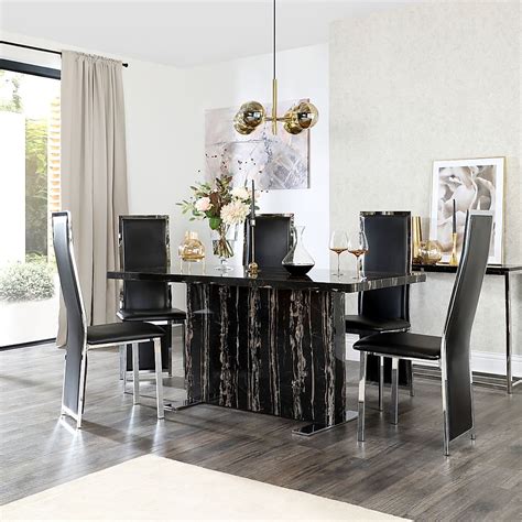 Magnus Black Marble Dining Table with 6 Celeste Black Chairs ...