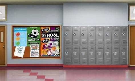 the lockers are lined up against the wall with posters on them, and ...