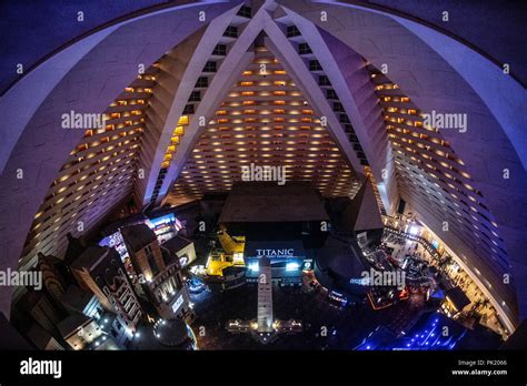 Luxor Hotel and Casino interior, Las Vegas. From above to balconies of ...