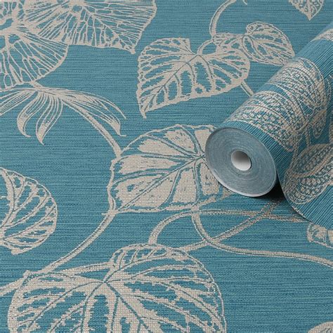 Graham & Brown Boutique Teal Betel Metallic effect Textured Wallpaper ...