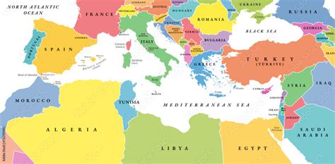 Mediterranean Basin, political map with different colored countries ...