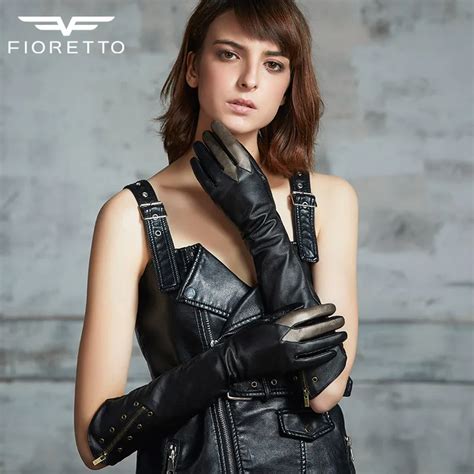 FIORETTO Women Black Sheepskin Leather Gloves Touchscreen Gold Long ...