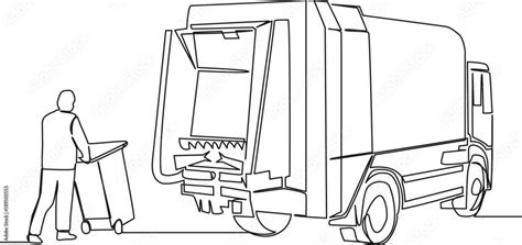 continuous single line drawing of garbage truck and garbage collector ...