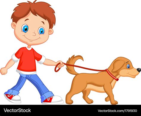 Cute Cartoon Boy Walking With Dog Royalty Free Vector Image