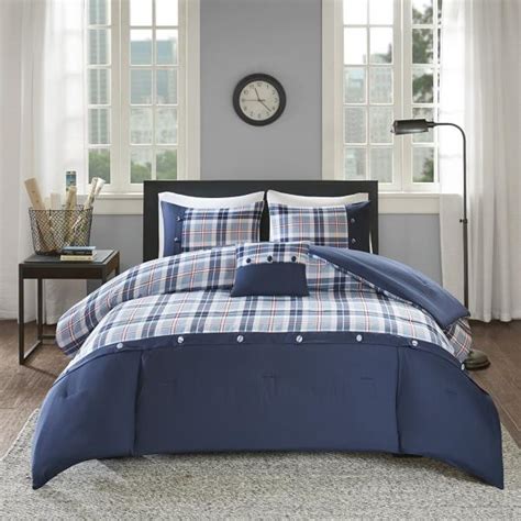 Twin XL Full Queen Navy Blue Red White Plaid Sporty 4 pc Comforter Set ...