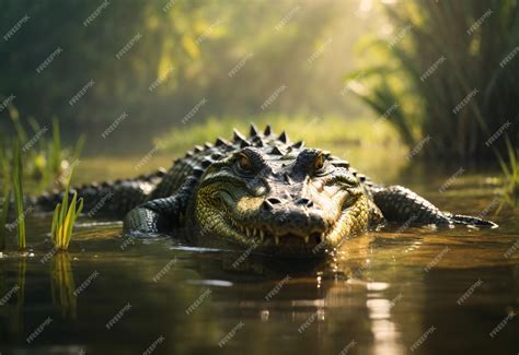 Premium AI Image | Crocodile Prowling About in A Swamp