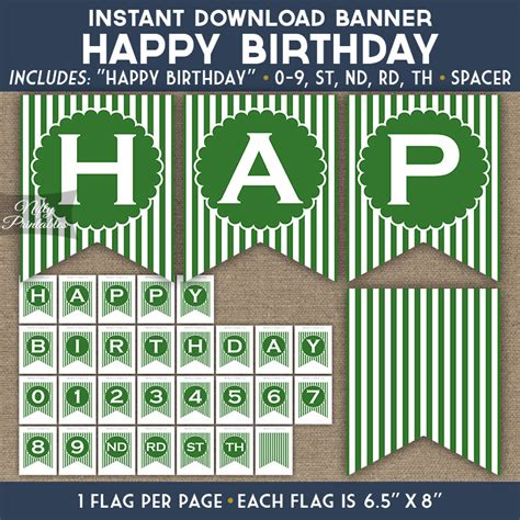 Happy Birthday Banner - Green White Stripe - Nifty Printables