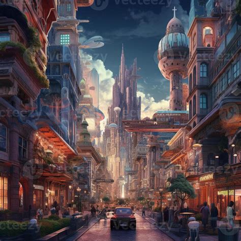 anime city street scene with cars and people walking on the sidewalk ...