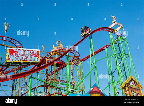 Roller coaster at funfair in Winter Wonderland, Hyde Park, London ...