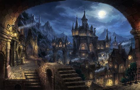 black castle digital wallpaper, illustration of castle and houses # ...