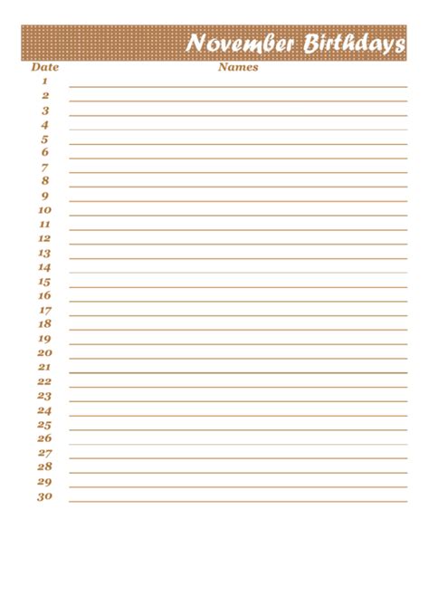 November Birthday Calendar Template printable pdf download