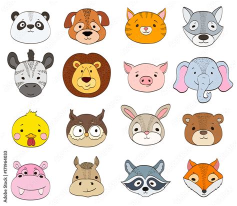 set of cartoon animal faces on white. baby animals symbols drawing ...