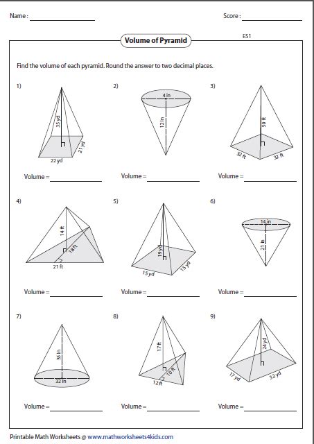 Volume Of A Pyramid Worksheets