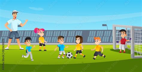 Cartoon Kid Play Football Game Vector Illustration. Mixed Team Boy Kick ...