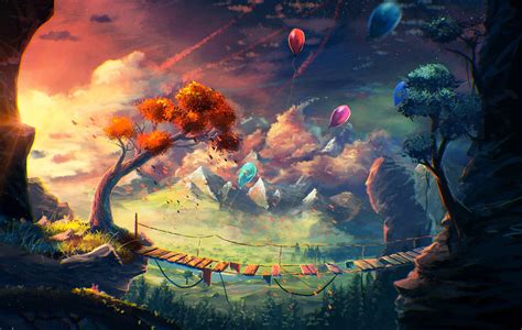 anime, Artwork, Fantasy Art, Mountain, Bridge, Balloons, Sylar, Clouds ...